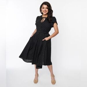 Unique Vintage Black & Gold Clip Dahlia Swing Dress | Womens 14/XL